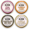 Composite photo of 3oz jar lids labeled Chai Spice, Carrot Cake, Chocolate Sea Salt, Vanilla Caramel