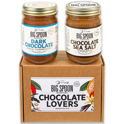 13oz jars of Dark Chocolate Hazelnut & Almond Butter and Chocolate Sea Salt on top of a Chocolate Lovers Gift Box