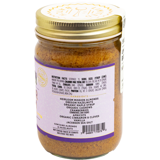 Jar of Sugar Plum Almond Butter displaying ingredients and nutrition facts