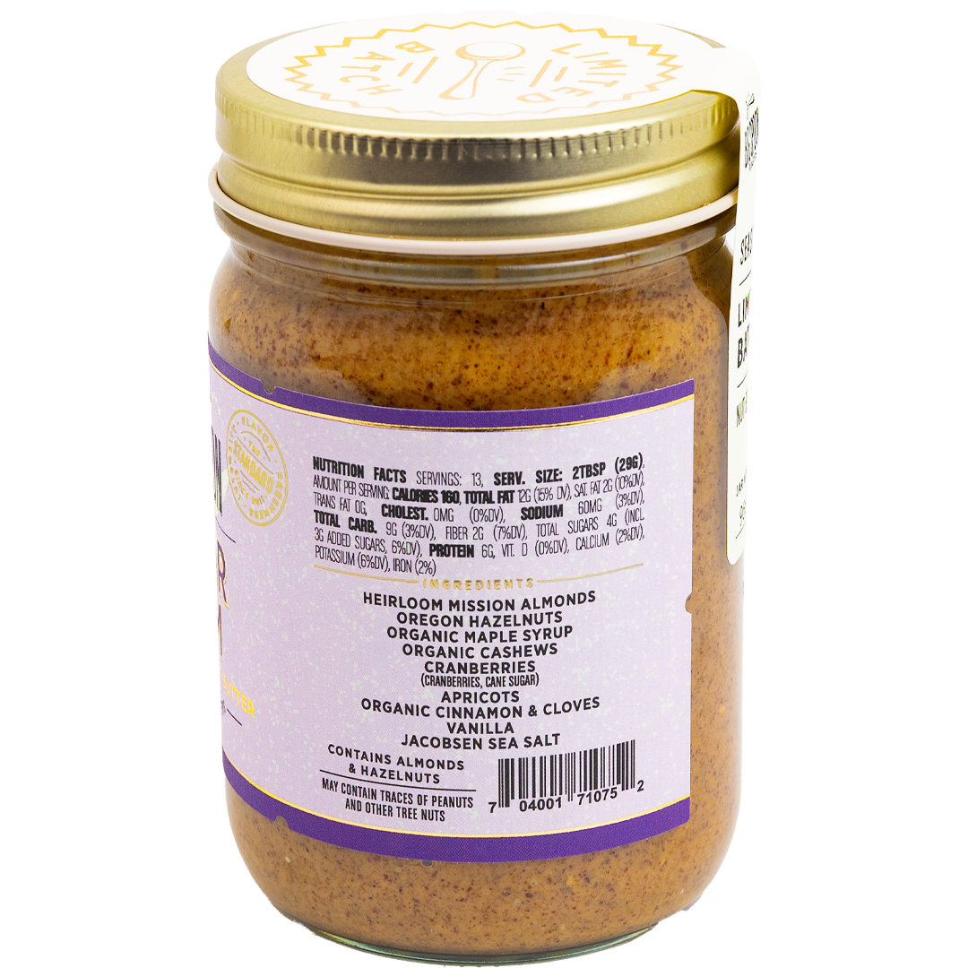 Jar of Sugar Plum Almond Butter displaying ingredients and nutrition facts