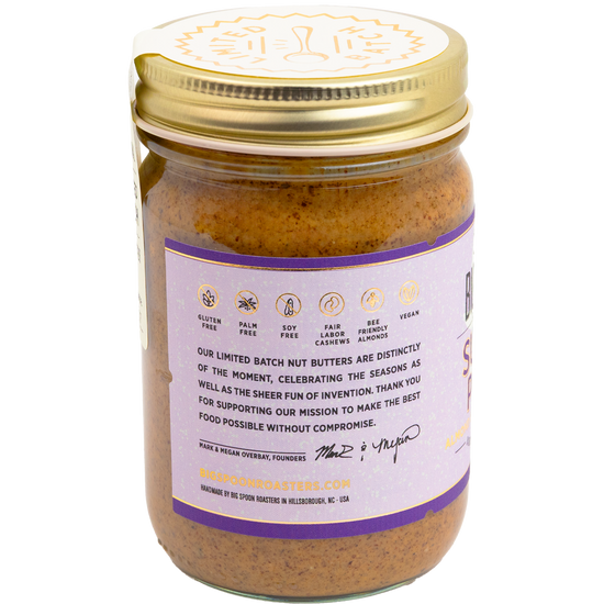 Jar of Sugar Plum Almond & Hazelnut Butter displaying callouts and info about Limited Batches