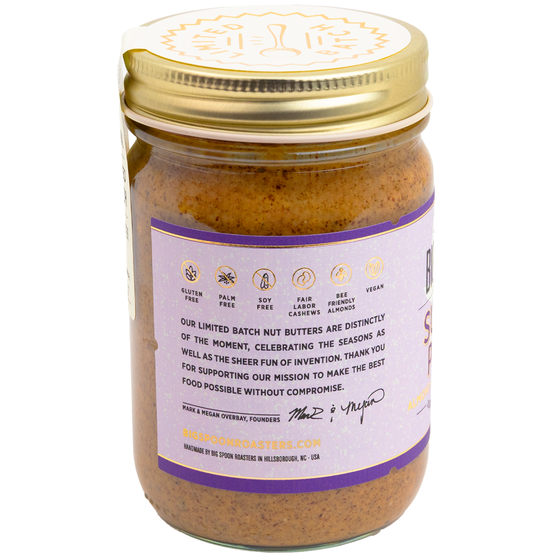 Jar of Sugar Plum Almond & Hazelnut Butter displaying callouts and info about Limited Batches