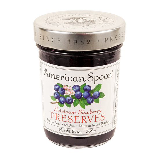 9.5 oz glass jar of American Spoon Heirloom Blueberry Preserves