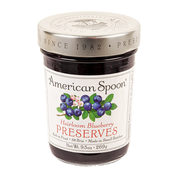 9.5 oz glass jar of American Spoon Heirloom Blueberry Preserves