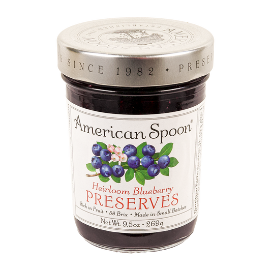 9.5 oz glass jar of American Spoon Heirloom Blueberry Preserves
