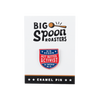red, blue, and white enamel pin on a backing reading BIG SPOON ROASTERS ENAMEL PIN