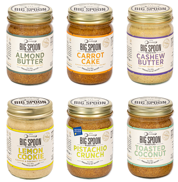 13oz jars of Almond Butter, Carrot Cake, Cashew Butter, Lemon Cookie, Pistachio Crunch, and Toasted Coconut