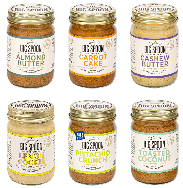 13oz jars of Almond Butter, Carrot Cake, Cashew Butter, Lemon Cookie, Pistachio Crunch, and Toasted Coconut