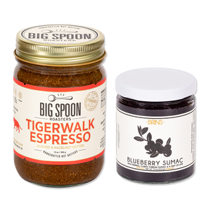 13 oz jar of Big Spoon Roasters Tigerwalk Espresso and 7.5 oz glass jar of Brins Blueberry Sumac Jam