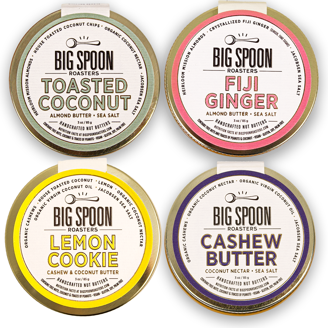 the lids of toasted coconut, fiji ginger, lemon cookie, and cashew butter nut butters