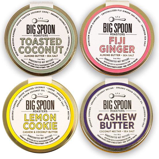 the lids of toasted coconut, fiji ginger, lemon cookie, and cashew butter nut butters