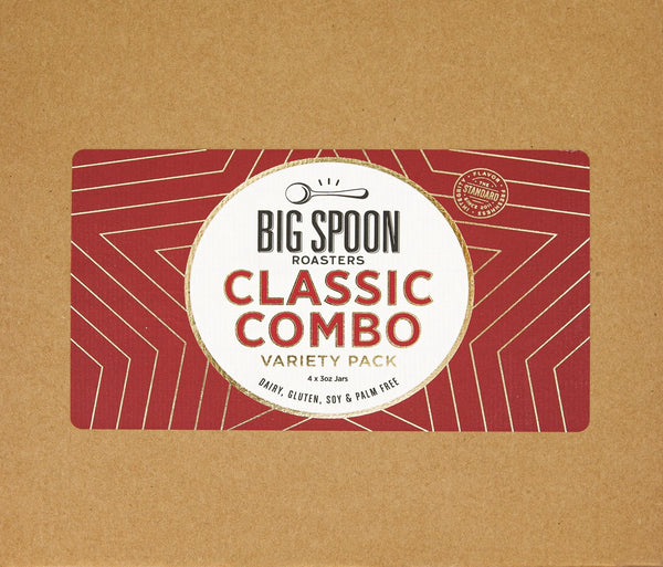 Cardboard box cover with Classic Combo Variety Pack Label on top, made with a red background and gold foil outlines in the shape of a star